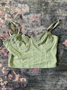 Haute Monde Light Green Lace-Trim Bustier Crop Top - Medium Small Flaw